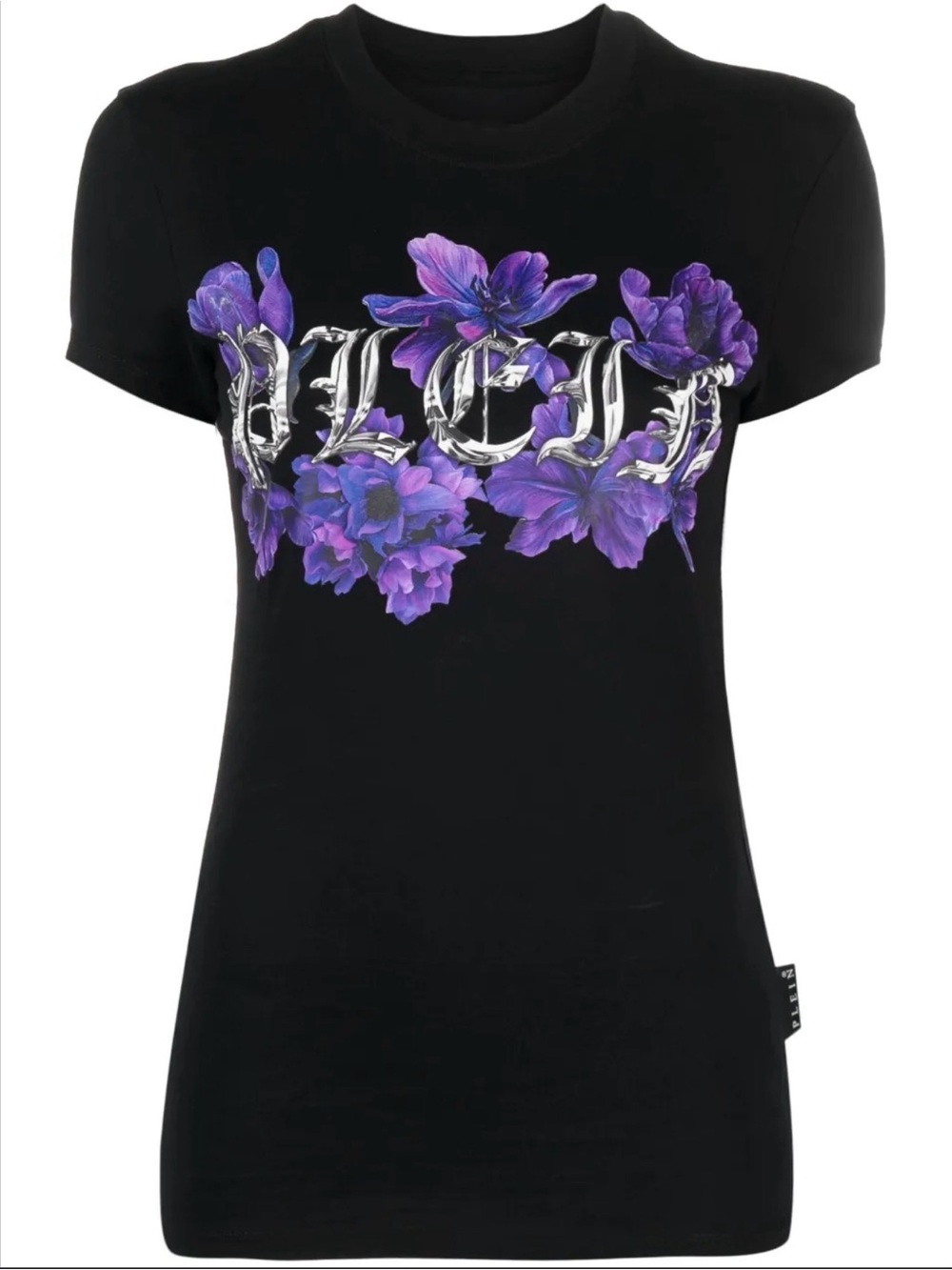 New Phillip plein Black Floral Graphic Tee with Purple Bloom Print